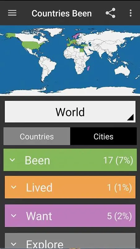 Come creare una mappa dei paesi visitati, la schermata mappamondo App Countries been