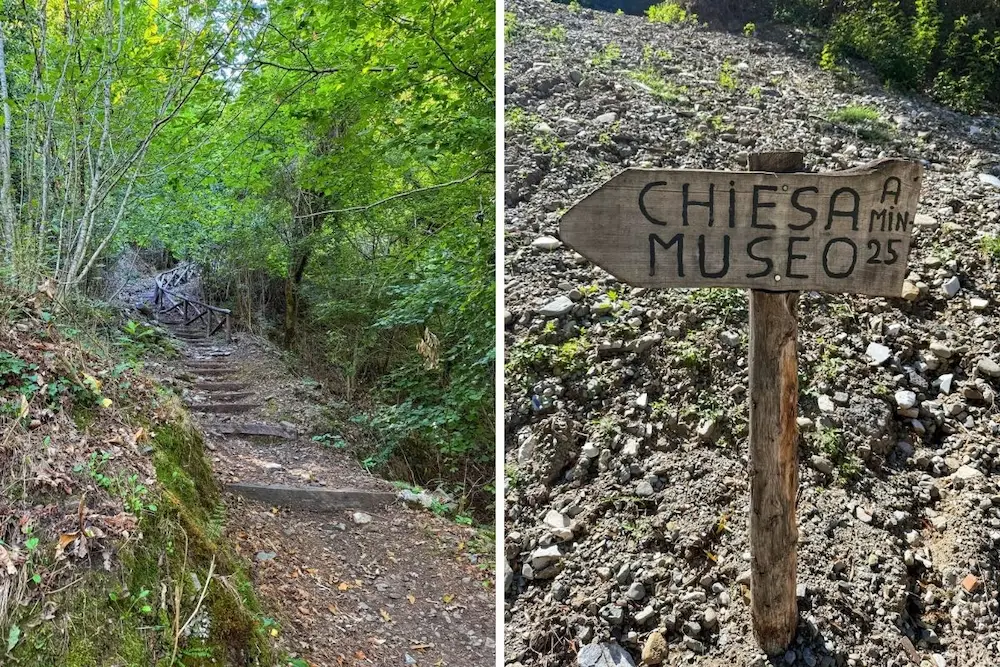 Sentiero sterrato che sale alla Chiesa Vecchia di Gorfigliano in Garfagnana e il cartello di segnalazione del percorso