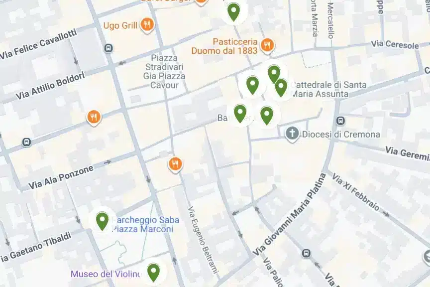 Mappa dell'itinerario a piedi nel centro di Cremona con le tappe numerate