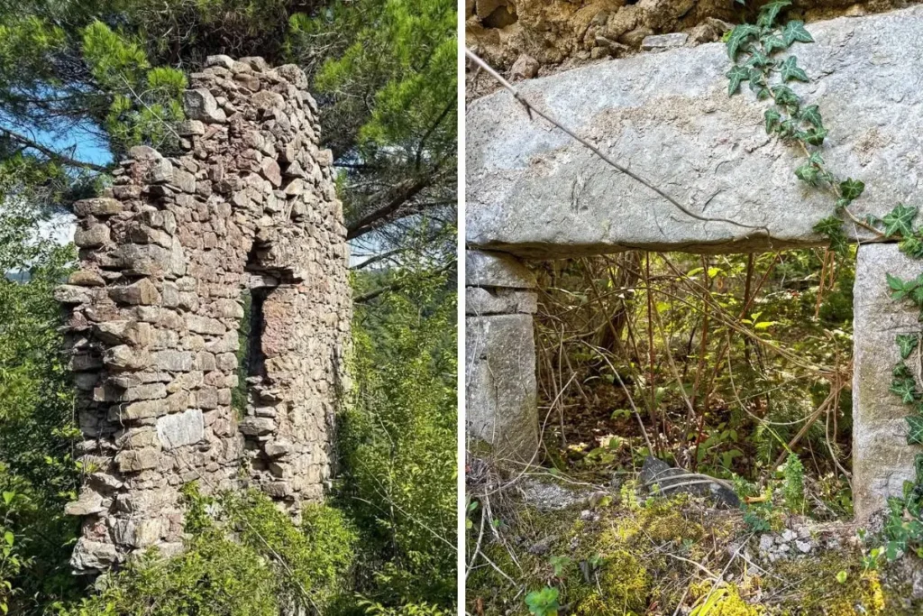 Collage di due foto dei ruderi nel borgo fantasma di Bergiola di Minucciano, a sinistra muro in sassi e a destra una finestra, entrambi avvolti dalla vegetazione